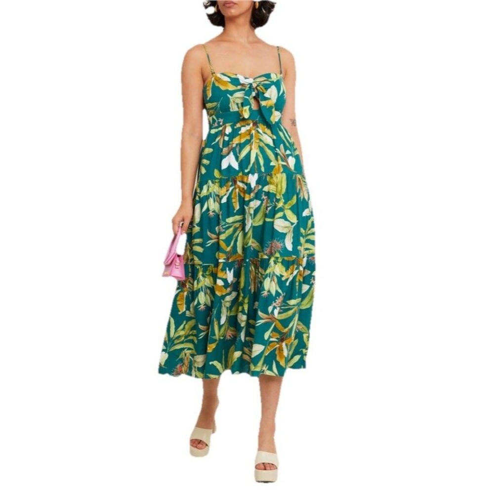 O.PT Terry midi dress Sz M Green Tiered Lined Tropical Print